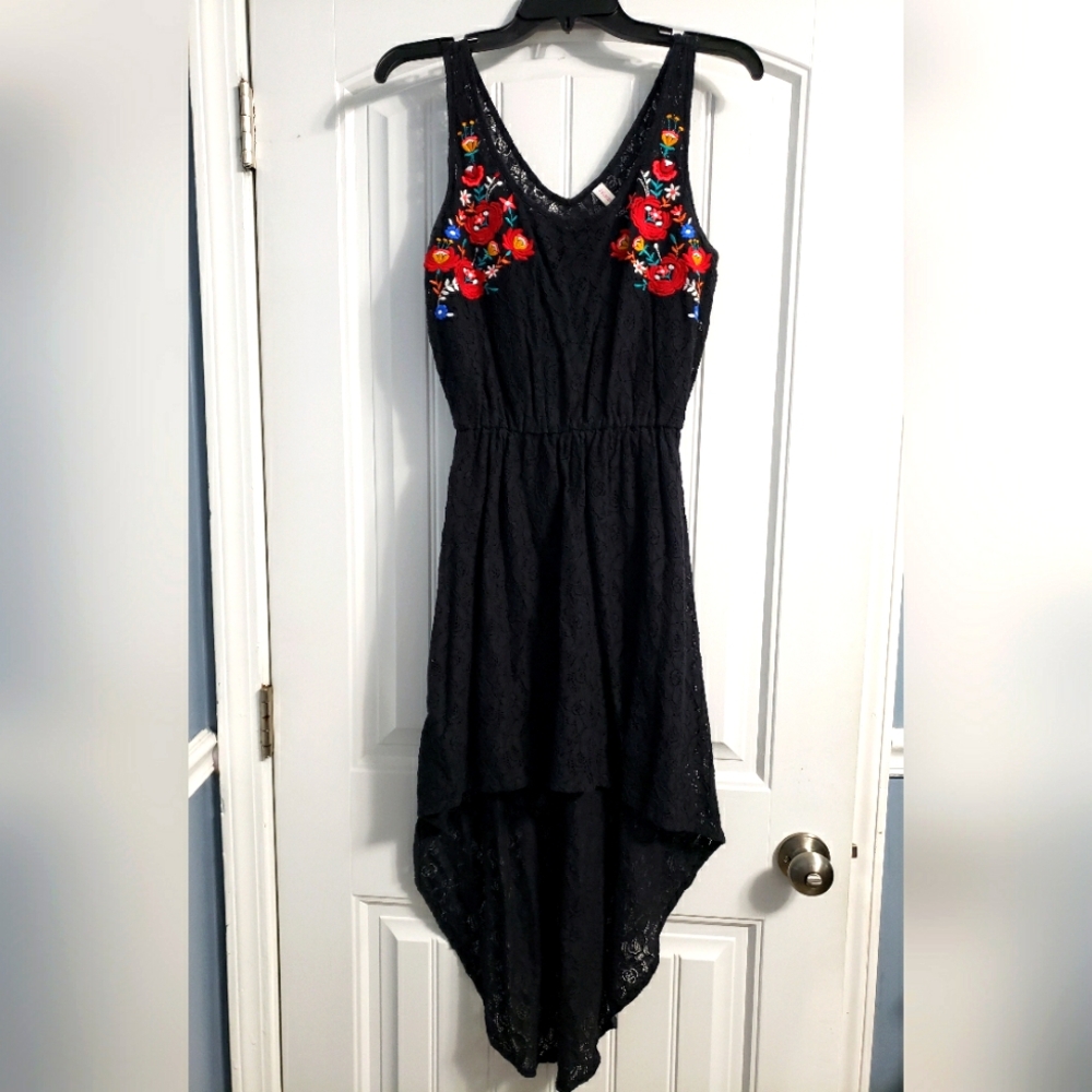 Black Lace High Low Embroidered Dress